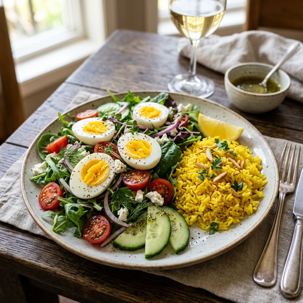 Boiled Eggs Salad with Yellow Rice